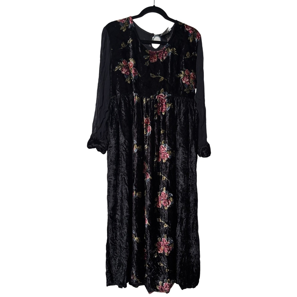 Y2K Papillon Black Crushed Velvet Floral Midi Dress Sheer Pleated Sleeve Large